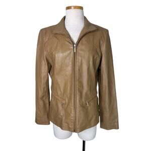 Kenneth Cole Reaction Leather Jacket Tan Camel Zip Front Collared Womens Medium